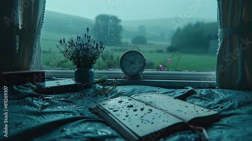 An open book sits atop a bed next to a bouquet of flowers and a clock positioned on the window sill
