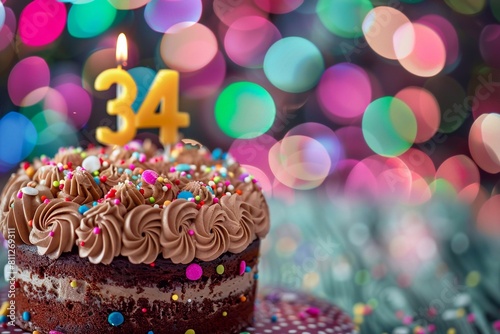 Sweet Birthday cake with number 34 on top on colorful bokeh background, 34th years old happy birthday Cake, copy space photo