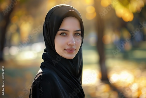 Portrait of young arabian girl in hijab in the park. Muslim woman