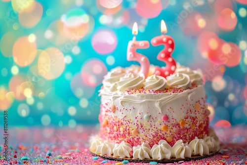 Sweet Birthday cake with number 53 on top on colorful bokeh background, 53th years old happy birthday Cake, copy space