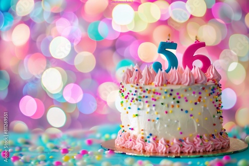 Sweet Birthday cake with number 56 on top on colorful bokeh background  56th years old happy birthday Cake  copy space