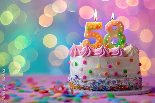Sweet Birthday cake with number 58 on top on colorful bokeh background  58th years old happy birthday Cake  copy space