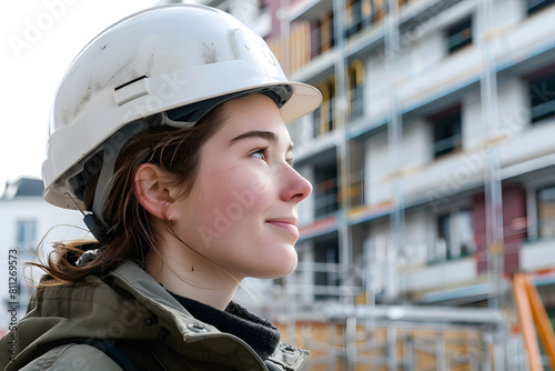 Young female construction worker wearing a white safety helmet looking forward with a hopeful expression