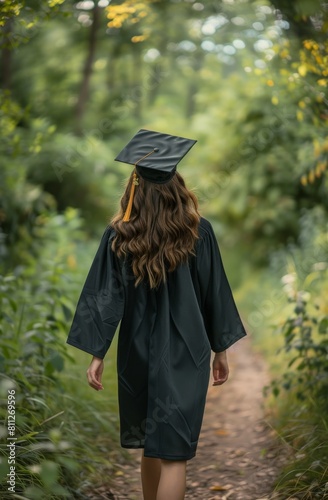 Graduating Woman Walking Down Path