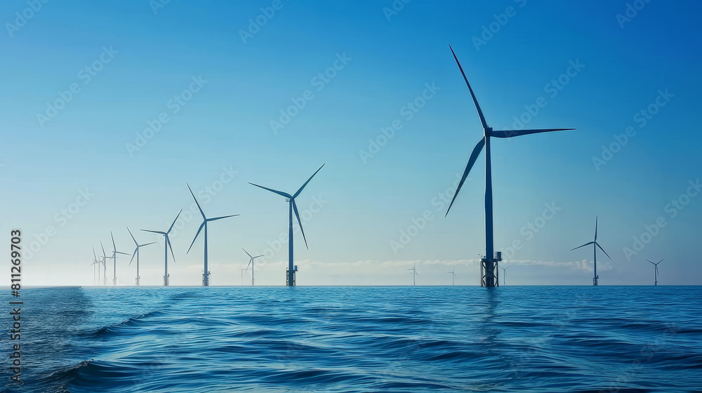 A large group of wind turbines are in the water
