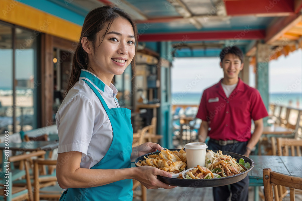 Happy Asian waitress in uniform with a tray brings food on a heavily blurred background of a beach restaurant