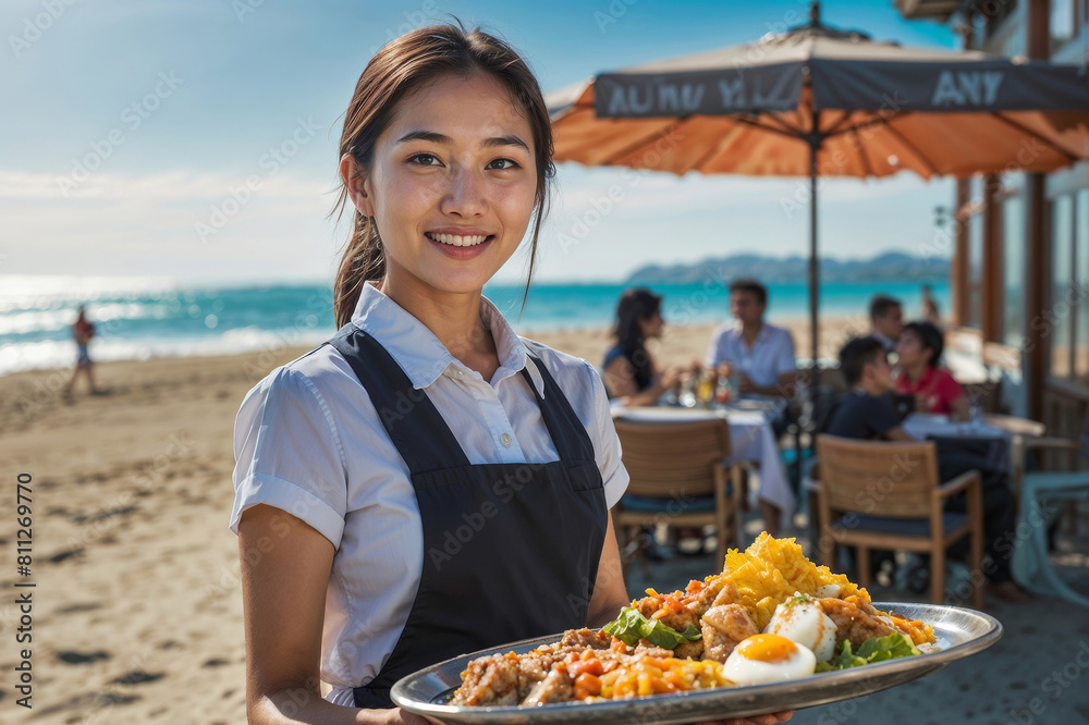 Asian waitress in a black apron is serving food to a man on beach restaurant Asian waitress in a black apron is serving food to a man on beach restaurant