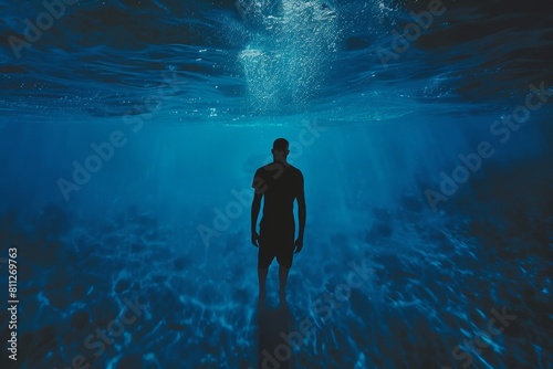 A man stands in the center of a deep blue body of water, A menacing silhouette lurking in deep blue waters