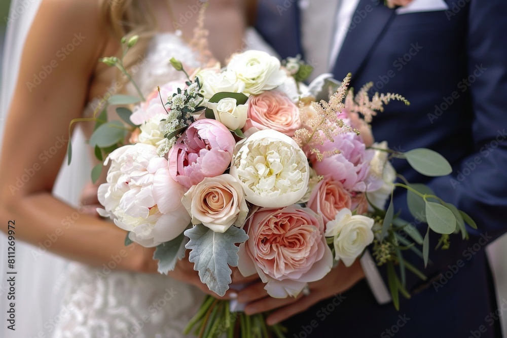 Bride and Groom Holding Bouquet of Flowers Bride and Groom Holding Bouquet of Flowers