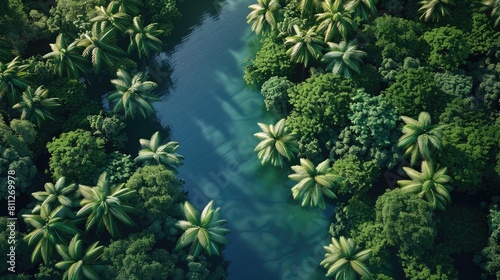 aerial shot of a river surrounded by tropical trees realistic