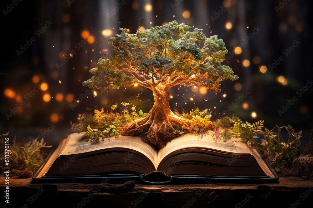 A magical scene: a lush tree grows from an open book, surrounded by sparkling lights, creating a mystical atmosphere