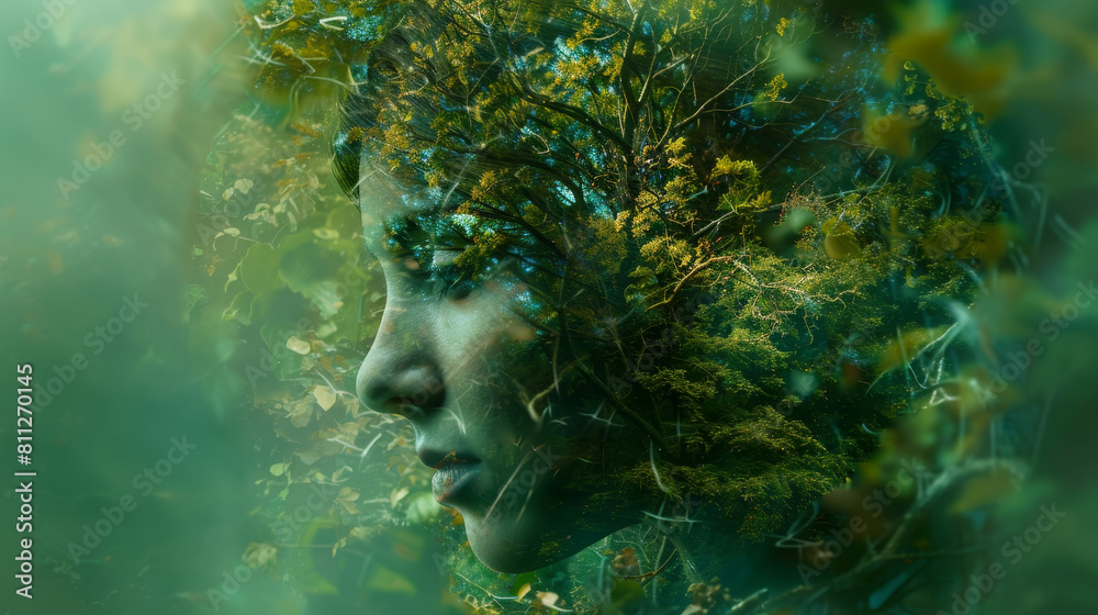 Obraz premium A woman's face is shown in a green forest