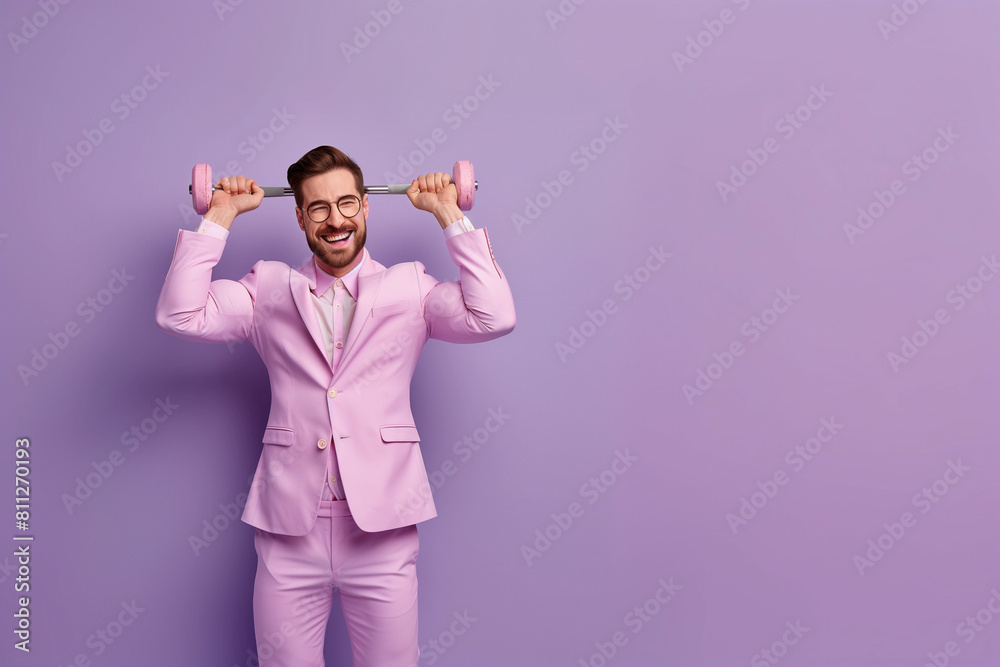 Handsome man lifting weights in a pink business suit, with a green background. Handsome man lifting weights in a pink business suit, with a green background.