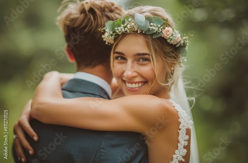 Bride Hugging Groom in Forest