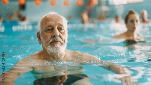Portrait of senior male having group aqua training class in gym © Joyce