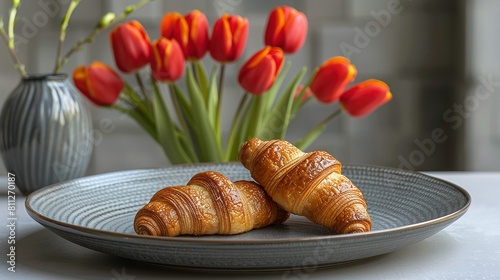   A couple of croissants sit on a plate beside a vase filled with tulips #811270187