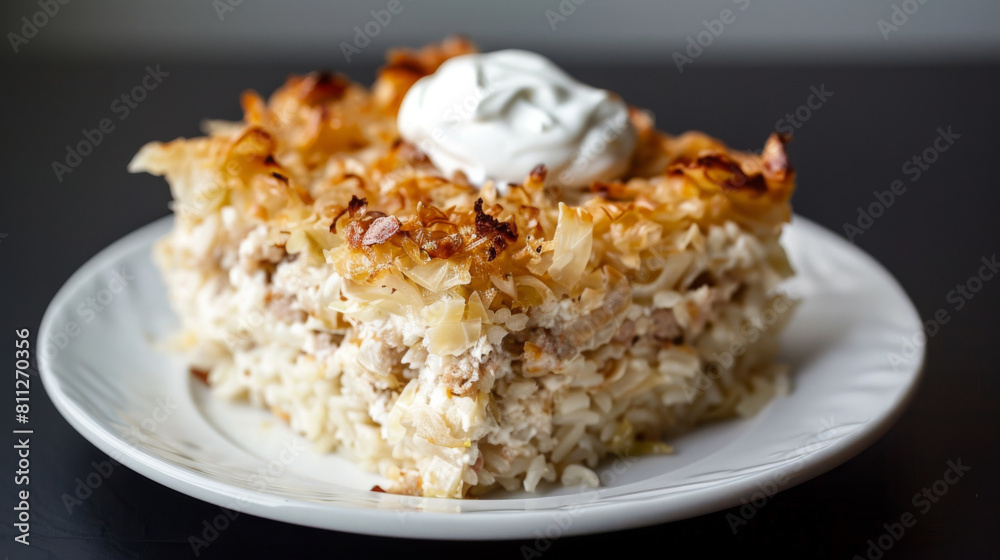 Authentic estonian dish of cabbage rolls, known as kapsarullid, with minced meat filling and dollop of sour cream on white plate Authentic estonian dish of cabbage rolls, known as kapsarullid, with minced meat filling and dollop of sour cream on white plate