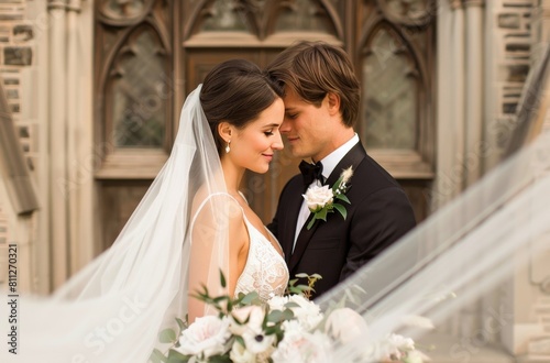 Bride and Groom Standing in Front of a Building