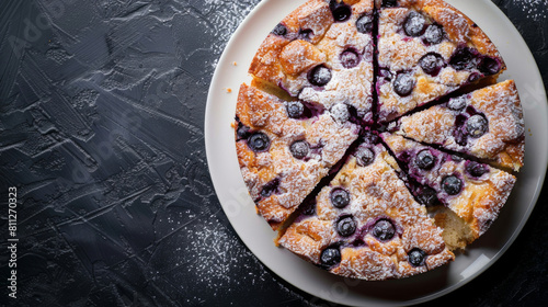 Sliced homemade estonian blueberry pie dusted with powdered sugar on a white plate against a dark textured backdrop