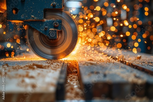 A dynamic image capturing a circular saw cutting through wood, creating sparks and sawdust