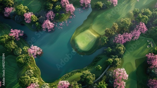 Aerial view of a pristine golf course, vibrant green fairways and azure blue water hazards, framed by flowering cherry blossom trees, late afternoon, long realistic photo