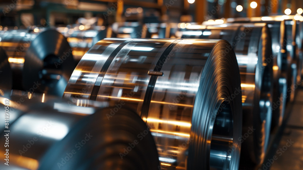 Obraz premium A row of shiny silver metal sheets are stacked on top of each other