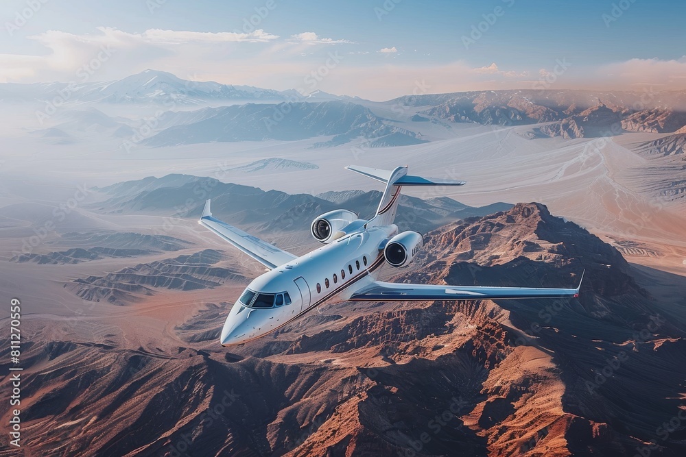 Fototapeta premium A luxury private jet with prominent branding crosses a breathtaking desert mountain landscape during a beautiful sunset flight
