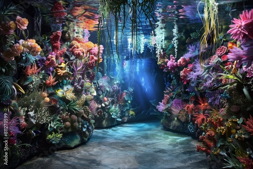 Lush aquatic plants sway gently in the water, creating a serene underwater environment, A mesmerizing display of underwater flora and fauna