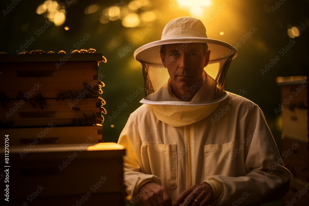 A Close-Up Portrait of a Beekeeper with a Serene Expression, Framed by the Golden Hues of a Busy Apiary in the Warm Light of Late Afternoon A Close-Up Portrait of a Beekeeper with a Serene Expression, Framed by the Golden Hues of a Busy Apiary in the Warm Light of Late Afternoon