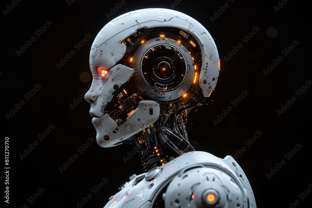 Fototapeta premium The image showcases a highly detailed robot head featuring intricate designs and futuristic technology elements, exemplifying cutting-edge artificial intelligence