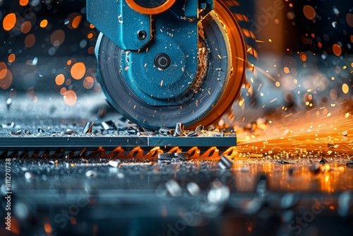 A close-up image of a circular saw cutting through a metal workpiece, generating bright sparks photo
