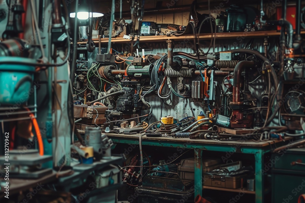An assortment of various tools cluttering a workspace filled with pipes and equipment, A messy workspace cluttered with pipes and tools An assortment of various tools cluttering a workspace filled with pipes and equipment, A messy workspace cluttered with pipes and tools