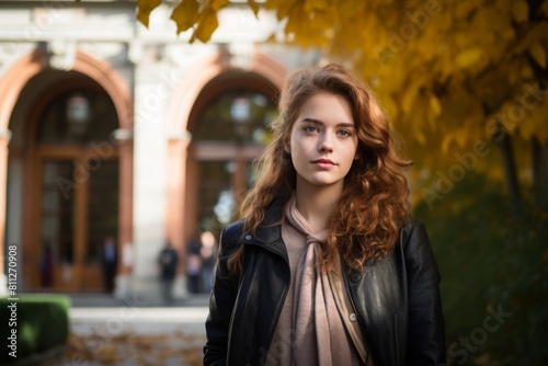 A Young Woman with a Contemplative Gaze Standing Before the Grand Facade of the Old Town Library Surrounded by Autumn Leaves