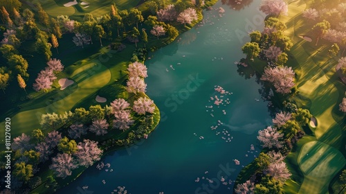 Aerial view of a pristine golf course, vibrant green fairways and azure blue water hazards, framed by flowering cherry blossom trees, late afternoon, long realistic