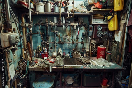 A cluttered kitchen workspace filled with various tools, pipes, and a sink, A messy workspace cluttered with pipes and tools