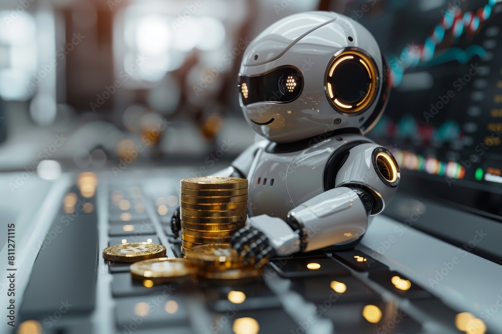 Fototapeta premium This image features a modern robot interacting with cryptocurrency, highlighting cutting-edge technology's role in digital finance and investment