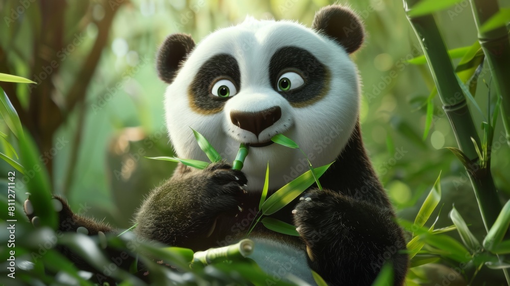 Fototapeta premium A cute panda with bamboo leaves in bamboo forest