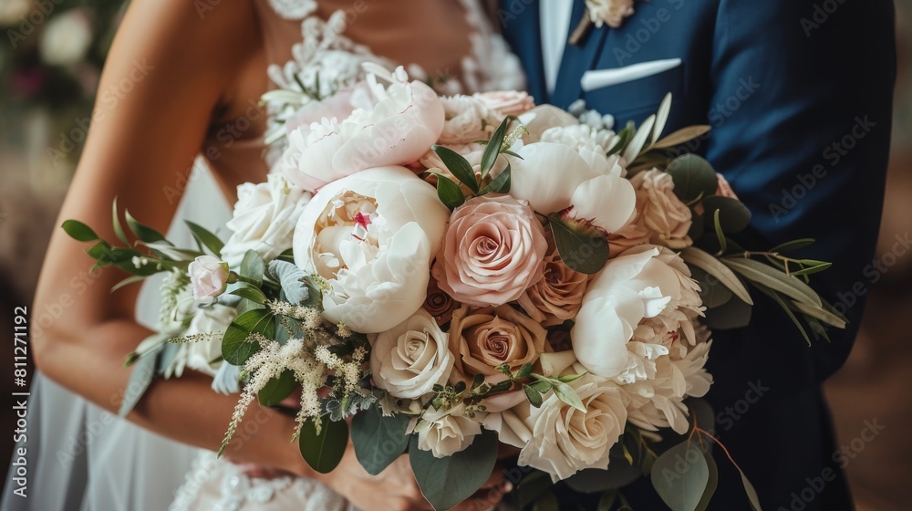 Bride and Groom Holding Bouquet of Flowers