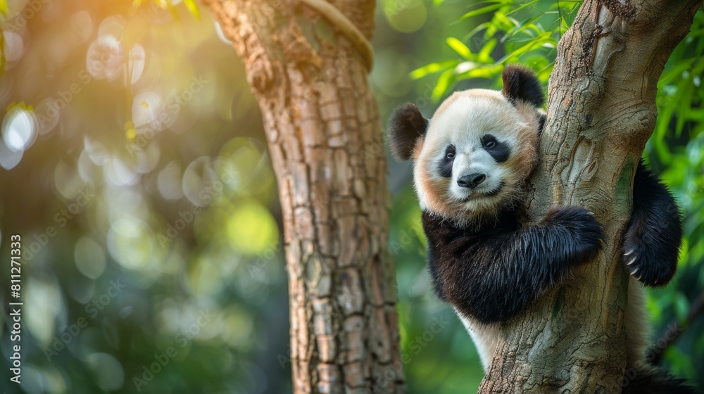 Obraz premium A panda bear on tree in wild forest.