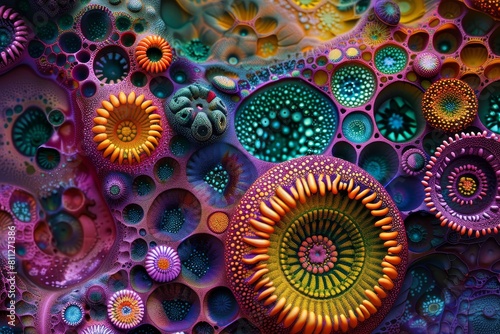 Close-up view of a collection of colorful and diverse objects, A microscopic world of vibrant colors and intricate patterns