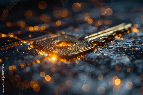 Macro shot of a golden key with reflective surface and shallow depth of field