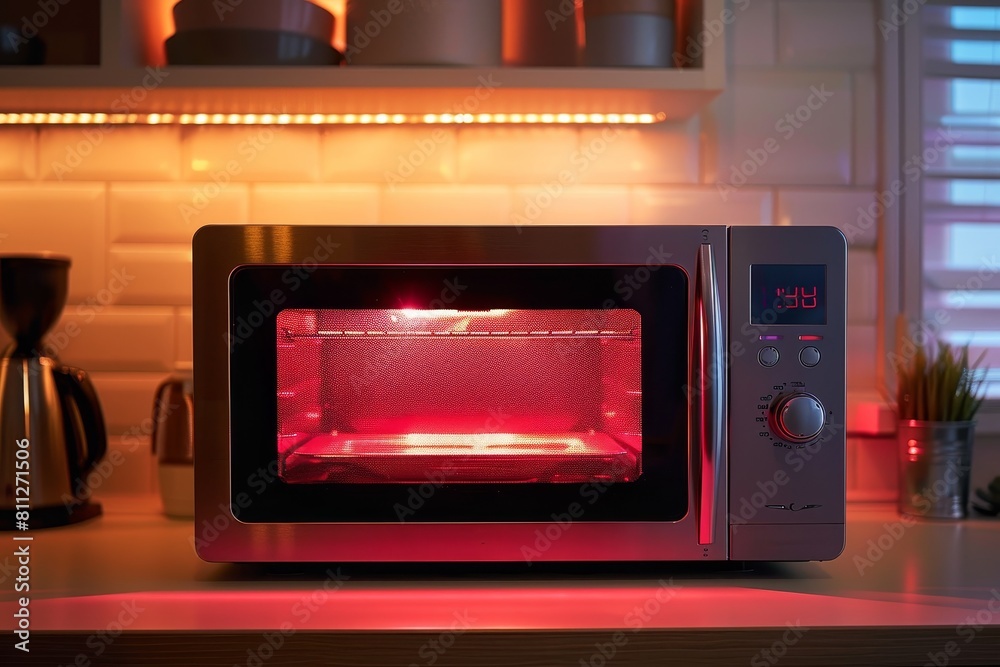 Microwave oven malfunctioning with a red light inside, A microwave oven glitching with erratic display numbers Microwave oven malfunctioning with a red light inside, A microwave oven glitching with erratic display numbers