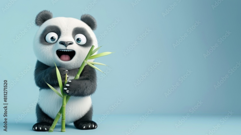 A cute panda with bamboo leaves over light blue background A cute panda with bamboo leaves over light blue background
