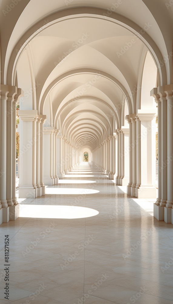 Empty Hallway With Columns and Arches