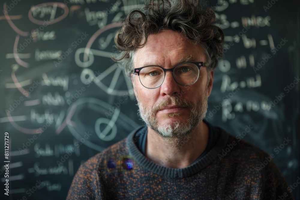 Man With Glasses Standing in Front of Blackboard, A middle-aged man with glasses and a disheveled hairstyle, standing in front of a chalkboard filled with complex equations Man With Glasses Standing in Front of Blackboard, A middle-aged man with glasses and a disheveled hairstyle, standing in front of a chalkboard filled with complex equations