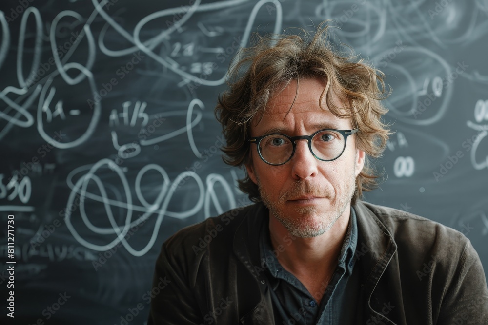 Middleaged Man With Glasses Standing in Front of Blackboard, A middle-aged man with glasses and a disheveled hairstyle, standing in front of a chalkboard filled with complex equations Middleaged Man With Glasses Standing in Front of Blackboard, A middle-aged man with glasses and a disheveled hairstyle, standing in front of a chalkboard filled with complex equations