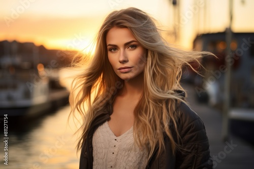 A Serene Portrait of a Young Woman with Flowing Hair Captured Against the Bustling Backdrop of a Vibrant Sailing Harbor at Sunset © aicandy