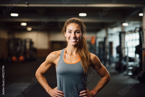 A determined athlete stands proudly in front of the bustling CrossFit gym, showcasing her muscular physique and the vibrant energy of the fitness community