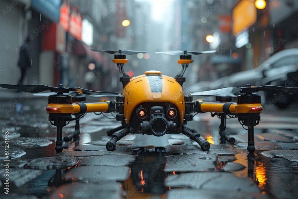 High-tech drone performing surveillance operations on a wet urban street bathed in atmospheric city lights High-tech drone performing surveillance operations on a wet urban street bathed in atmospheric city lights