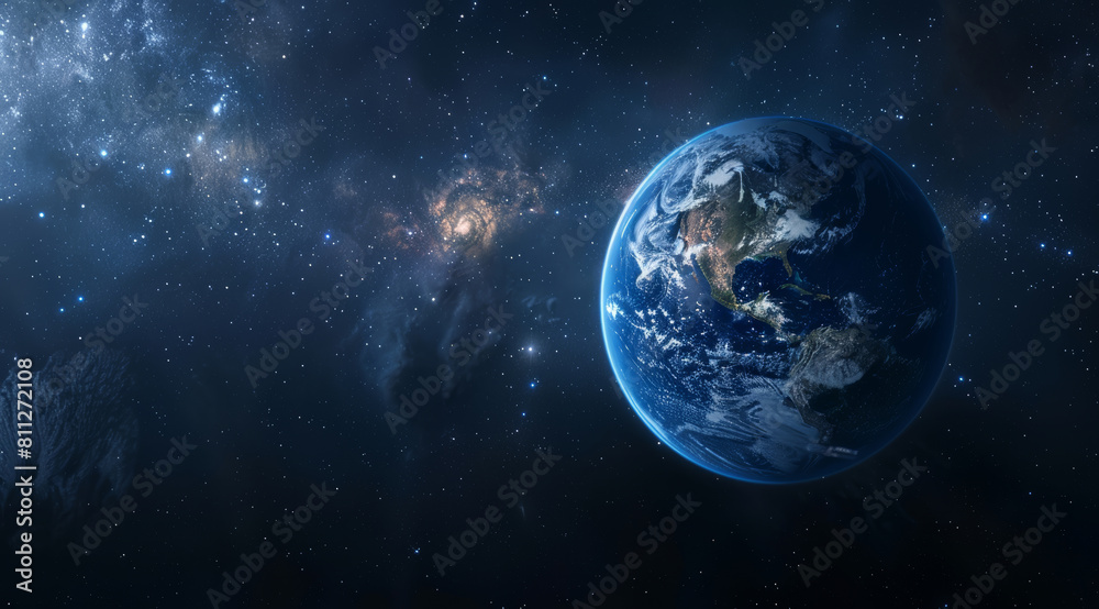 Universe, space and earth in orbit with dark background of galaxy for adventure, exploration or fantasy. Cosmos, planet and wallpaper of interstellar solar system for astrology or astronomy at night Universe, space and earth in orbit with dark background of galaxy for adventure, exploration or fantasy. Cosmos, planet and wallpaper of interstellar solar system for astrology or astronomy at night